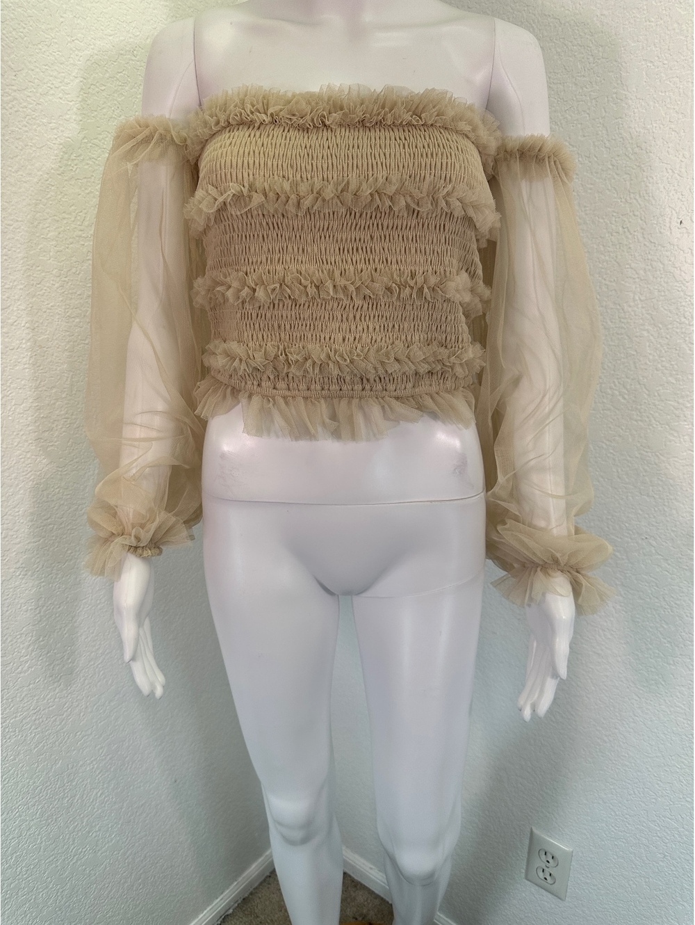 Beige Off-Shoulder Ruffle Mesh Crop Top